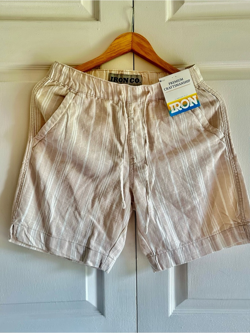 IRON Men's Cream and White Striped Drawstring Athletic Shorts